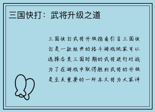三国快打：武将升级之道